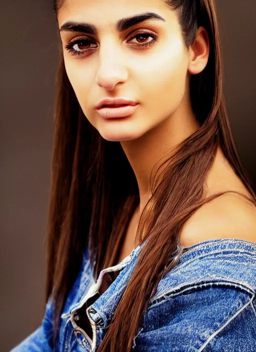 Image similar to A close-up photo of a beautiful middle eastern 22 year old girl with hazel eyes, straight hair in a ponytail, looking at the camera, a slight smile, super beauty, super model, detailed face features, hyper realism, studio, shallow depth of field, uplifting background, photography from Vogue magazine, by Martin Shcoeller