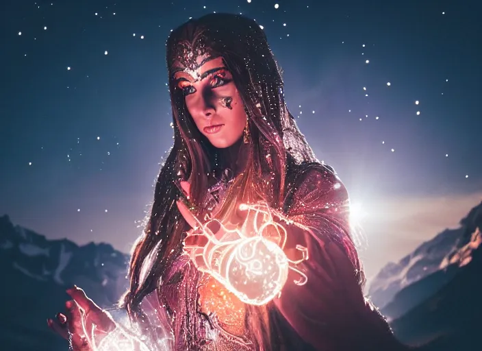 Image similar to closeup of a very good looking fantasy sorceress wearing amazing detailed clothes, shooting magical glowing flowing energy from her hands!!!! in the moonlit mountains, dramatic lighting, lens flare, 3 5 mm f 1. 2, professional photography, kodak ektar