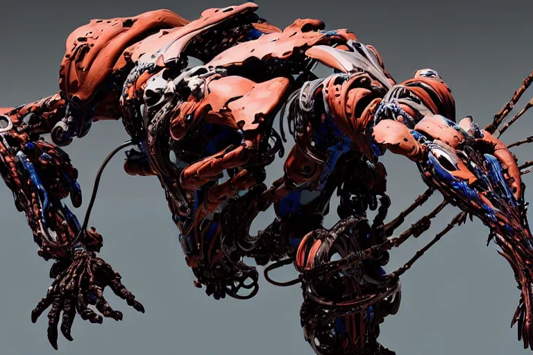 Prompt: portrait of a posed hyper detailed brown ultramarine burrower evangelion realistic mechanical and fleshy organic creature similar look as horizon forbidden west horizon zero dawn bioluminiscence in a dark deep forest at dawn in spring, west horizon zero dawn world, with reflection and textures, by kilian eng, substance painter reaslitic mech surface metal painted scratches