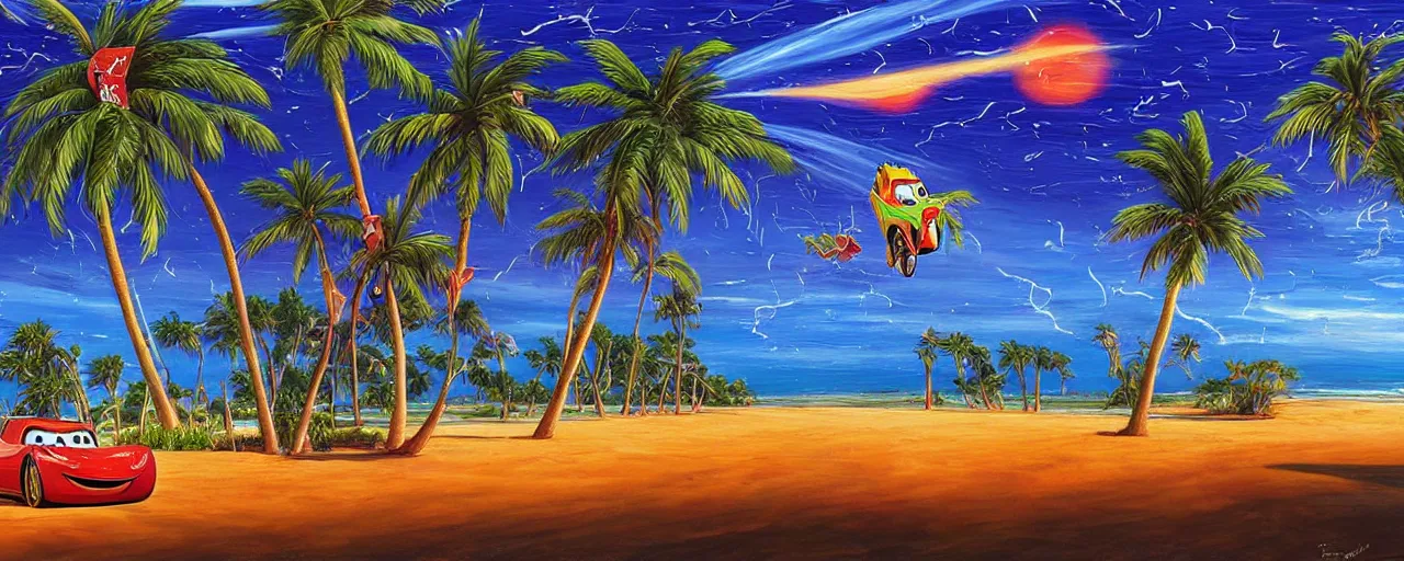 Prompt: Lightning McQueen driving a long the beach at twilight, tropical palms, a highly detailed painting by Greg Rutkowksi, starry night, holiday feel