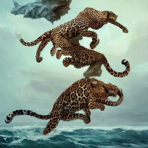 Image similar to three headed leopard And two wings coming out of the sea , digital Art, Greg rutkowski, Trending artstation, cinematographic, hyperrealistic