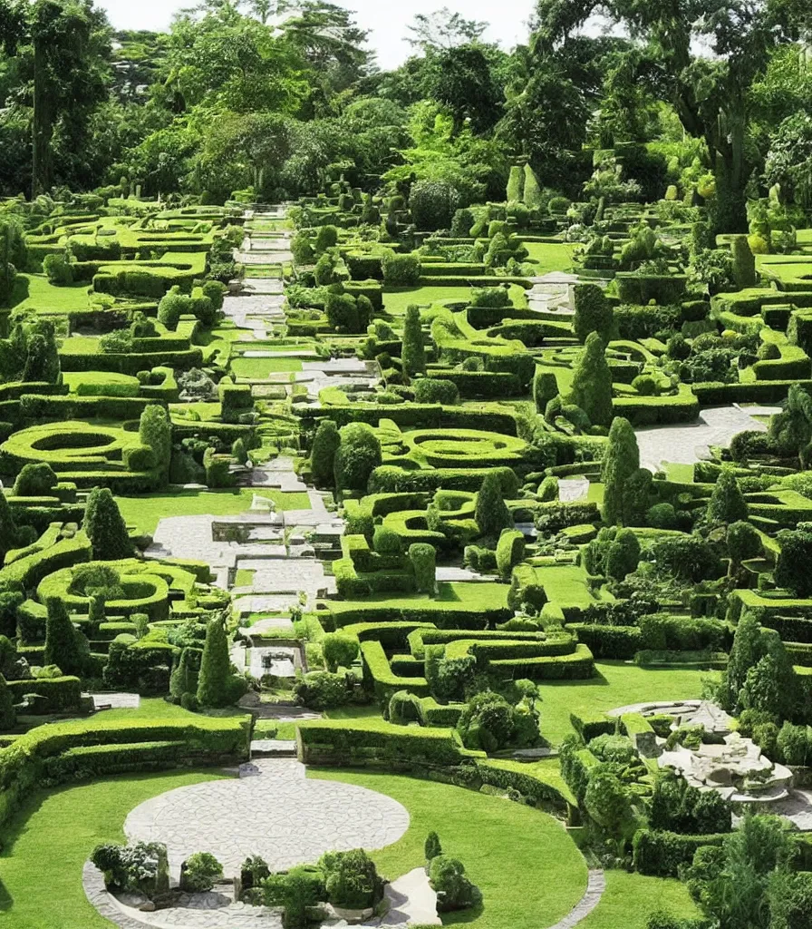 Image similar to a villa garden, garden landscape, symmetrical landscape and architectural design ， by gertrude jekyll and ieoh ming pei ， trending ，