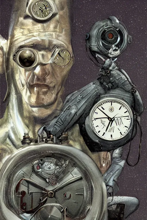 Image similar to the keeper of time, watches and all ticking things,, painted by wally wood and matt jefferies, trending on artstation, bright macro view pixar, award - winning, blueprint, chillwave, realism