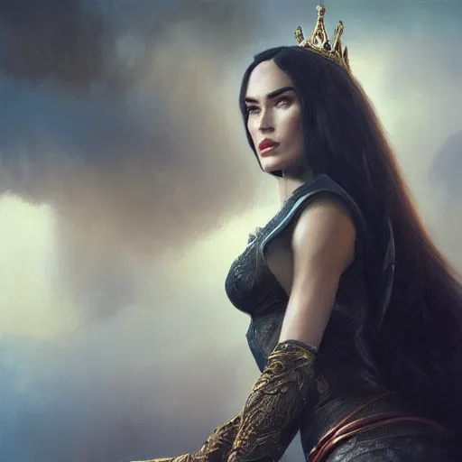 Prompt: megan fox is kneeling in front of a queen, elegant, highly detailed, digital painting, artstation, concept art, matte, sharp focus, perfect face symmetry, illustration, art by aenaluck and roberto ferri and greg rutkowski, epic fantasy, digital painting