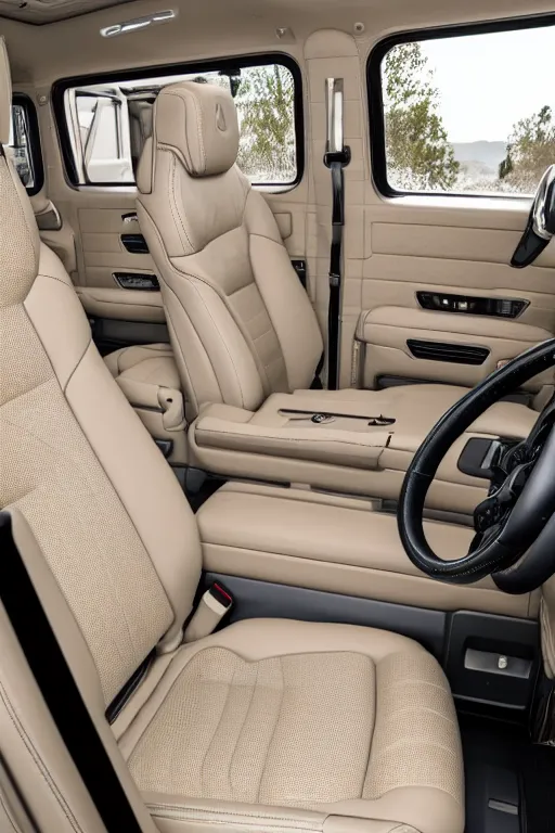 Prompt: Interior photo of a 2018 Mercedes-Benz G63, beige leather, highly detailed, natural light.