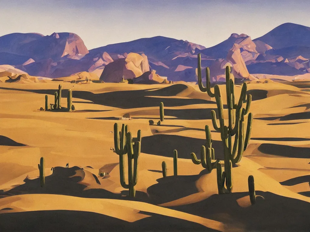 Prompt: painting of a house in the desert designed by alvar aalto, with hills at the background, altiplanic plain, amazing lighting, oil painting, highly detailed