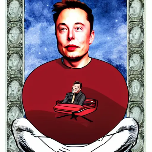 Prompt: Elon Musk sitting in a throne full of money, digital art,