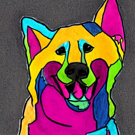 Image similar to a colorful drawing of a surprised dog