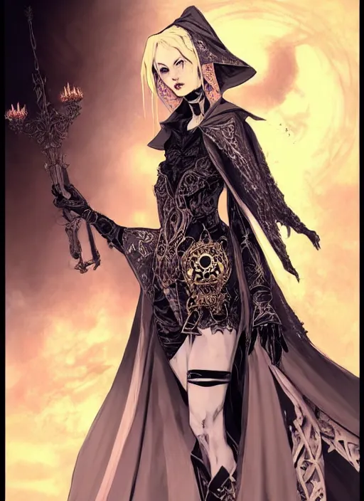 Image similar to beautiful human witch with blonde short curtly hair in intricate ornate witch robe, haughty evil look, witch hat. in style of yoji shinkawa and hyung - tae kim, trending on artstation, dark fantasy, great composition, concept art, highly detailed, dynamic pose.