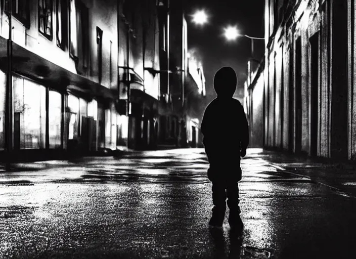 Image similar to boy from the back with a black hoodie, in the sky an illuminated angel stares at him, empty city street at night, heavy rain, cars parked, dramatic lighting, cinematic, establishing shot, extremly high detail, photorealistic, cinematic lighting, post processed