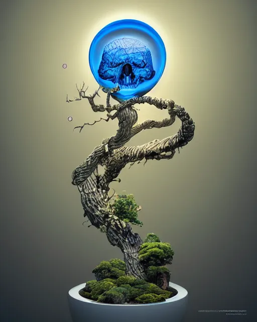 Prompt: 3 d render, photoreal, hyperreal, photorealistic, hyper - realistic, 3 d, octane render, 8 k, bonsai tree inside of the glass - skull with profile picture by luis toledo and alex grey and beeple. neo - surrealism. digital art, pixel art, concept art, octane render, trending on cgsociety, trending on artstation