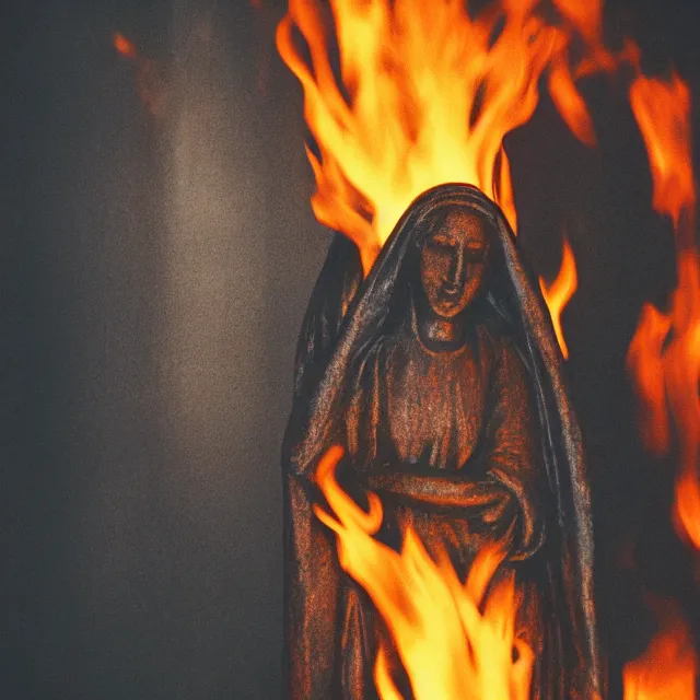 Image similar to statue of mother mary, black and burned and on fire, ultramax photograph