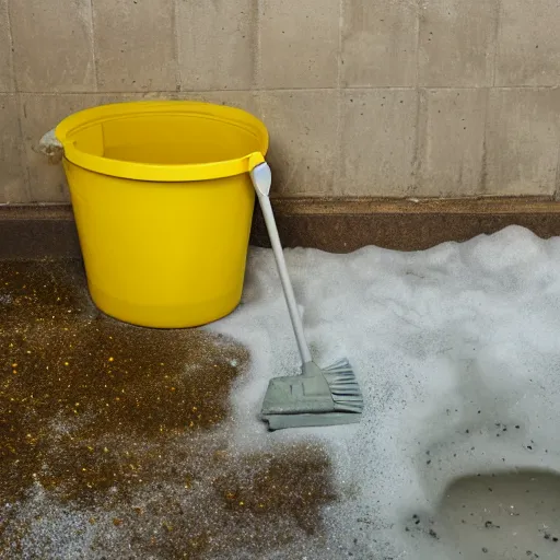 Image similar to slushy made out of grayish brown dirty water, next to a yellow bucket and mop, flash photography