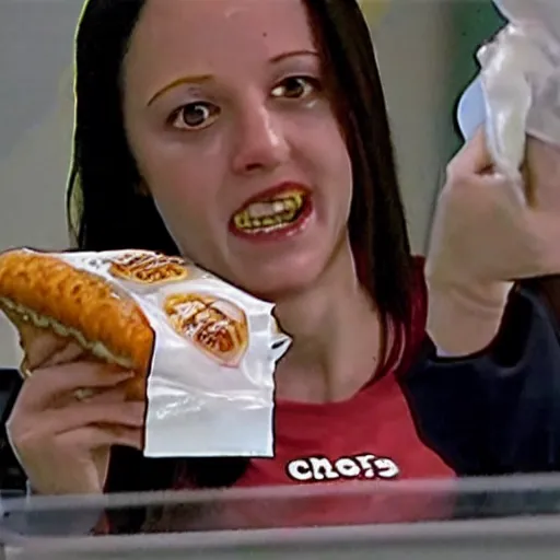 Image similar to Samara Morgan from the ring at McDonald's receiving a Mcrib. CCTV footage. High definition