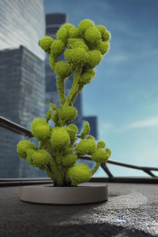 Prompt: macro photo of a little alien plant on the roof of a skyscraper, unreal 5, DAZ, hyperrealistic, octane render, Regal, Refined, Detailed Digital Art, dynamic lighting, Highly Detailed, Cinematic Lighting, Unreal Engine, 8k, HD