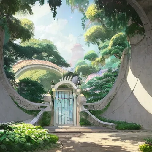 Prompt: circular gate in a white wall, leading to a garden. chinese architecture. fantasy. detailed. smooth. sharp focus. trending on arstation. cgsociety masterpiece, by rossdraws, ghibli, kimi no na wa, greg rutkowski, simon stalberg, greg manchess