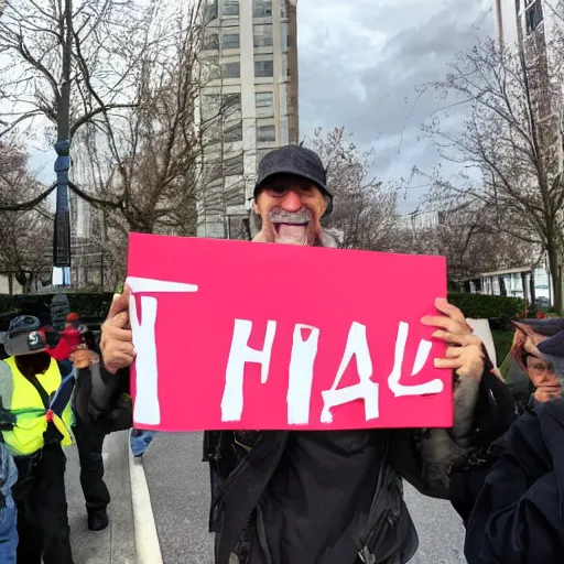 Prompt: a crazy protester holding a sign that says 😡