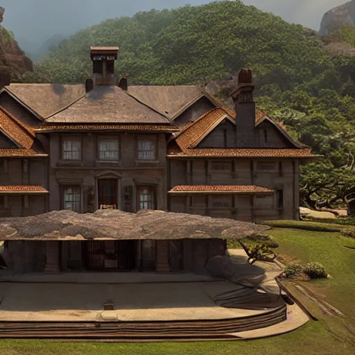 Image similar to a mansion in the middle of wakanda, daylight, cinematic lighting, cinematic perspective, by weta digital, by weta fx