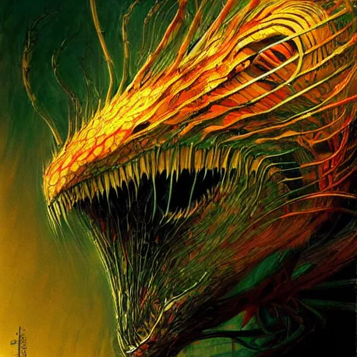 Prompt: a simple concept art portrait of a predatory robotic species. an award winning yoshitaka amano digital art poster color painting. a masterpiece by james gurney. poster colour on canvas.