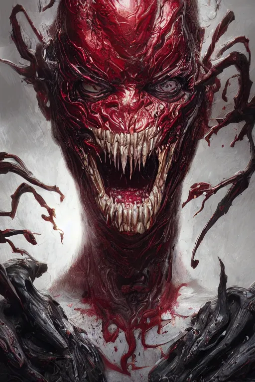 Prompt: Steve Buscemi face as symbiote Carnage, red, marvel comics, dark, intricate, highly detailed, smooth, artstation, digital illustration by Ruan Jia and Mandy Jurgens and Artgerm and Wayne Barlowe and Greg Rutkowski and Zdislav Beksinski