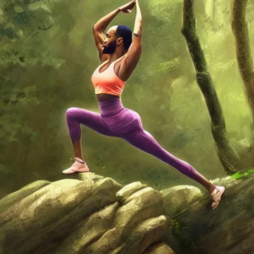 Image similar to lebron james doing yoga in the forest, made by stanley artgerm lau, wlop, rossdraws, artstation, cgsociety, concept art, cgsociety, octane render, trending on artstation, artstationhd, artstationhq, unreal engine, 4 k, 8 k