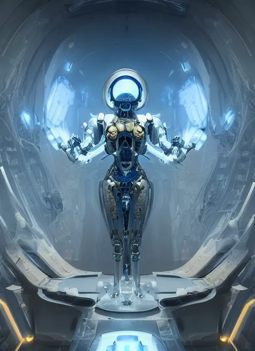 Image similar to benevolent cyborg necromancer, scifi, futuristic, helpful, kind, intelligent, alien room background, white, blue, gold, highly detailed, trending on artstation, soft light, holy machine, advanced technology, art by vitaly bulgarov and nivanh chanthara