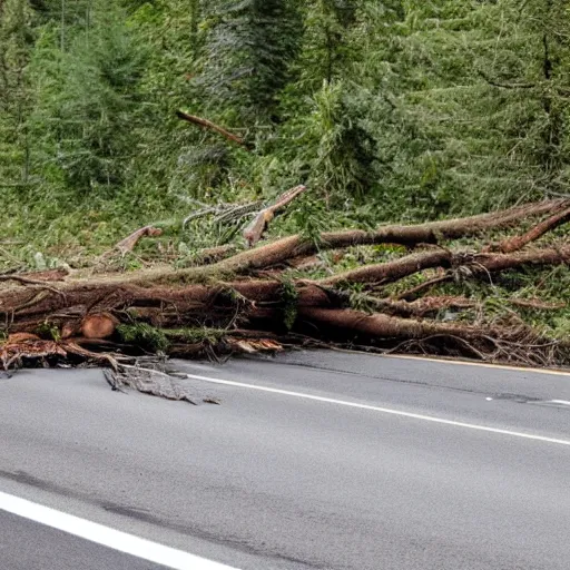 Prompt: fallen tree in highway traffic. Sasquatch hides in the forest