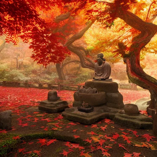 Image similar to cozy tang dynasty shrine in a maple forest during autum, red leaves, senpou temple from sekiro, award winning fantasy concept art, high octane render, 8k resolution, high definition