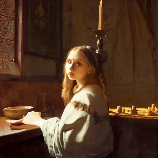 Image similar to elizabeth olsen, sitting in a dark kitchen in the medieval period, the only light illuminating is a candle on the desk, illustrated by gaston bussiere and johannes vermeer, artstation, cgsociety, artstation contest winner, artstation medieval, artstation fashion, 4 k, 8 k