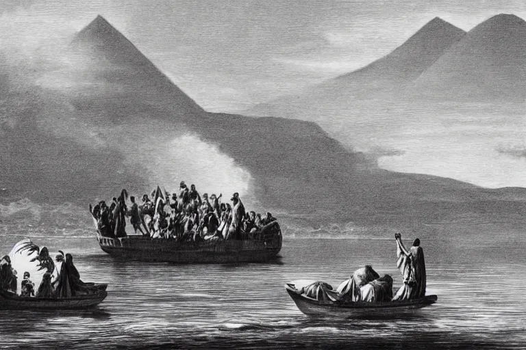 Prompt: Moses speeding down the Nile in a jetboat. The Pharaoh looking on in disbelief. Jehovah's witness Watchtower magazine paradise art.