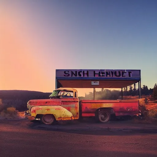 Image similar to sunset light landscape with bryce canyon, lots of sparkling details and sun ray ’ s, blinding backlight, smoke, volumetric lighting, colorful, octane, 3 5 mm, abandoned gas station, old rusty pickup - truck, beautiful epic colored reflections, very colorful heavenly, softlight