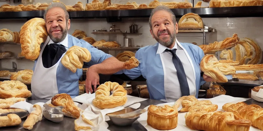 Image similar to alan sugar as a baker, arms, arms, with really long arms holding some pastry pets. long arms. stretched limbs. pastry sheep, snake, pastry lizard