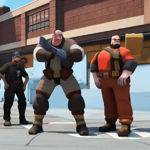 Image similar to heavy from team fortress 2 in real life outside a walmart, dslr, 8 k, octane beautifully detailed render, warm mood, cinematic lighting, detailed photo, masterpiece, volumetric lighting, ultra realistic, highly detailed, high quality, lossless, photorealistic