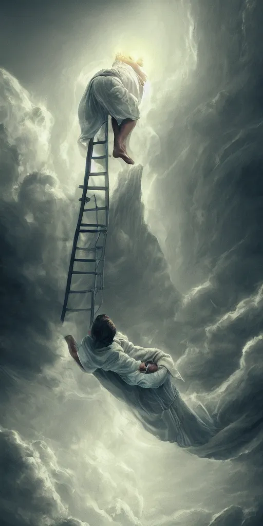 Prompt: intricate details of bible character jacob sleeping dreaming about a ladder that stretched from earth to heaven with angels going up and down, hyper realistic, ultra detail, octane render, cinematic, vivid, vibrant, artstation