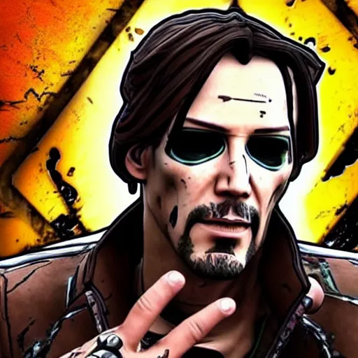 Image similar to Screenshot from new Borderlands Matrix crossover DLC featuring Keanu Reeves as Neo, 8k photorealistic