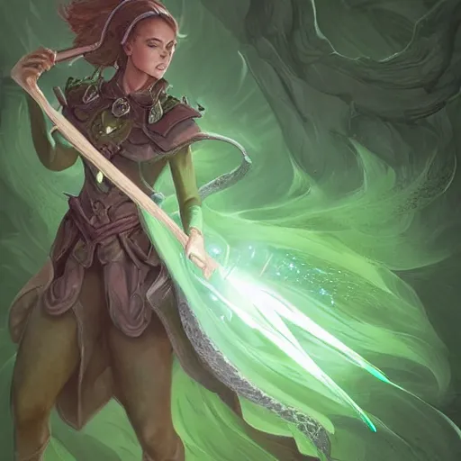 Prompt: a woman in a green dress holding a magic staff,character portrait by Magali Villeneuve,featured on polycount, fantasy art, concept art, d&d,detailed!!!!!