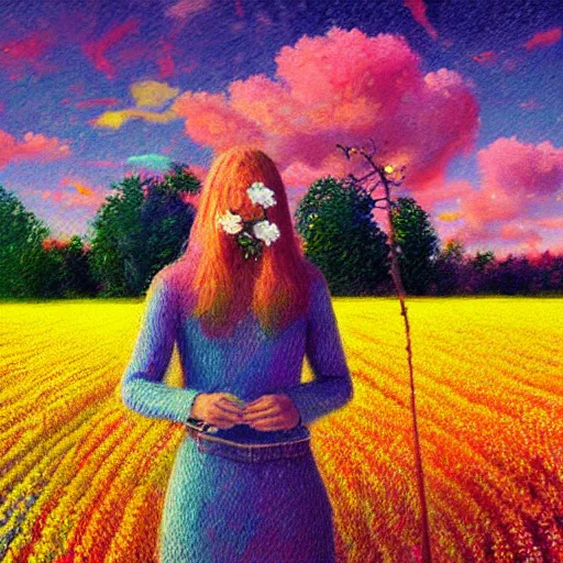 Image similar to girl merging with flower, standing in a flower field, big trees, sunrise dramatic light, impressionist painting, colorful clouds, digital painting, pointillism, artstation, simon stalenhag