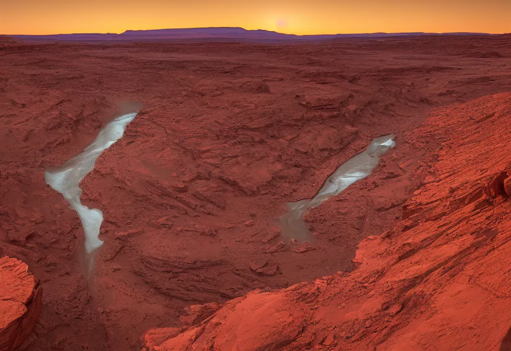 Image similar to a ground level view of a river bend running through a canyon surrounded by desert mountains at sunset on mars, planet mars, moab, utah, a tilt shift photo by frederic church, trending on unsplash, hudson river school, photo taken with provia, national geographic photo