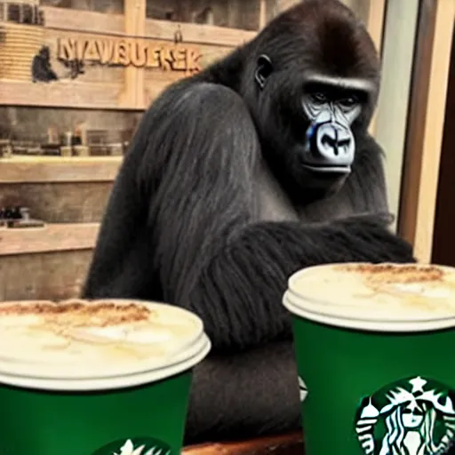 Prompt: newswire photo of the first gorillas working at a busy starbucks