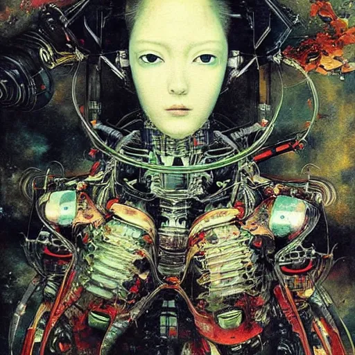 Image similar to “ highly detailed sci - fi concept art portrait of a sleek robot design, a highly detailed yoshitaka amano painting, by adrian ghenie and gerhard richter. art by takato yamamoto. masterpiece, deep colours. ”