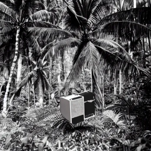 Image similar to a rizom lost film footage of a ( ( ( ( ( ( ( ( cube ) ) ) ) ) ) ) ) in the middle of the tropical jungle / tropicalism / tropicalism / tropicalism / film still / cinematic / enhanced / 1 9 2 0 s / black and white / grain