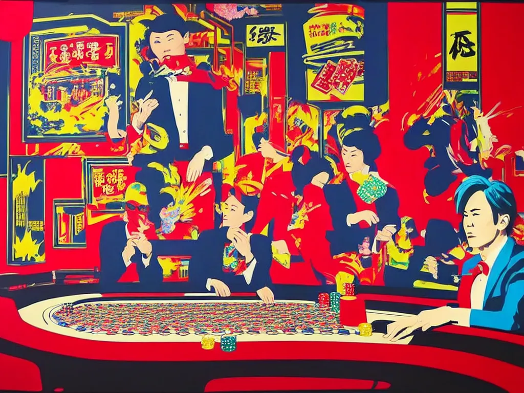 Image similar to hyper - realistic composition of a room in a casino with an extremely detailed poker table, croupier in traditional japanese kimono standing nearby fireworks in the background, pop art style, jackie tsai style, andy warhol style, acrylic on canvas
