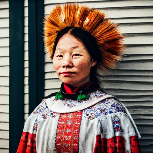 Prompt: ethnographic portraiture photograph of an extremely beautiful!!!! young woman with symmetric face. wearing traditional greenlandic national costume. in iceland. in front of her house. petzval lens. shallow depth of field. on flickr, award winning. national geographic