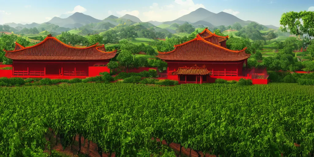 Image similar to A Chinese style winery with red walls and a green roof. The vineyards are sprawling and green, with a river winding through them. In the distance, there are mountains. immaculate scale, hyper-realistic, Unreal Engine, Octane Render, digital art, trending on Artstation, 8k, detailed, atmospheric, immaculate