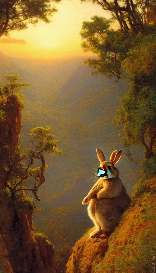 Image similar to hyper realistic rabbit looking off of a cliff, sun setting behind rabbit, lush forest in valley below, painted by gaston bussiere, craig mullins, j. c. leyendecker 8 k