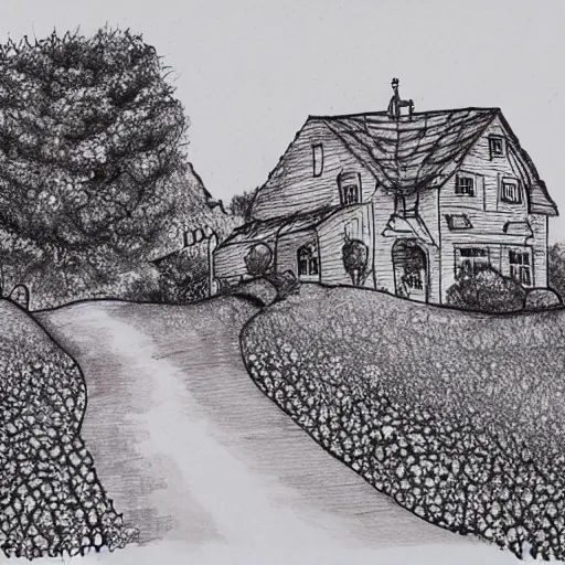 Image similar to blooming gravel path, house on a hill, ink sketch, detailed