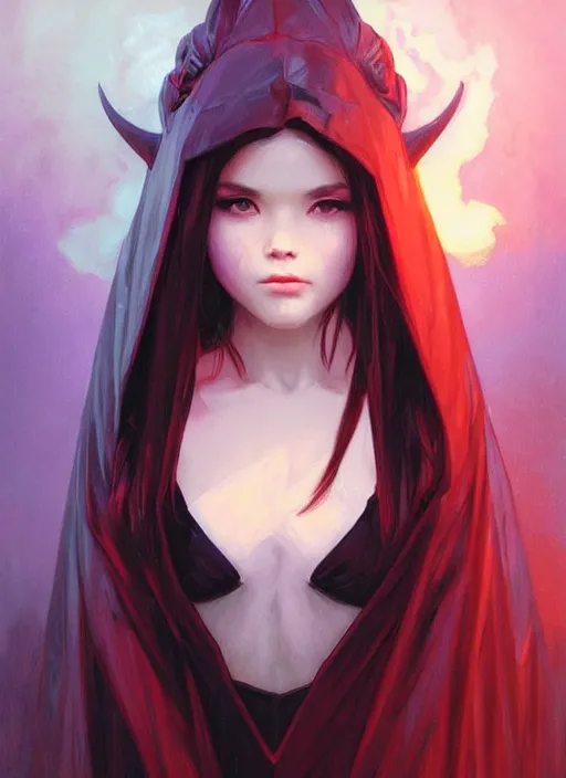 Image similar to girl, portrait, devil smile, ice magic, long face, sharp features, black hair, dark robe, dnd, art by artgerm and greg rutkowski and alphonse mucha, trending on artstation, cinematic light, pastel colors, volumetric shading, high radiosity dull skin, global illumination, radiant light, soft light, soft color dodge, subsurface scattering