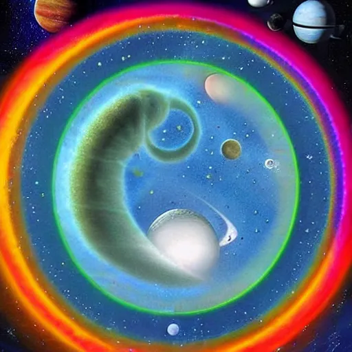 Image similar to our galaxy, it has a solar system, a picture from the side and planets. on them reptiloid and humanoids create fractal projections of their visions and matter on the outer space and holography of planets and harmony of comusmos in a rainbow around the planet where there is intelligent life and reptiloid and humanoids and plasmoids