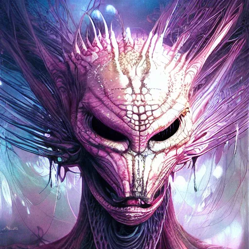 Prompt: a simple concept art portrait of a predatory alien species. an award winning yoshitaka amano digital art poster color painting. a masterpiece by james gurney. poster colour on canvas.