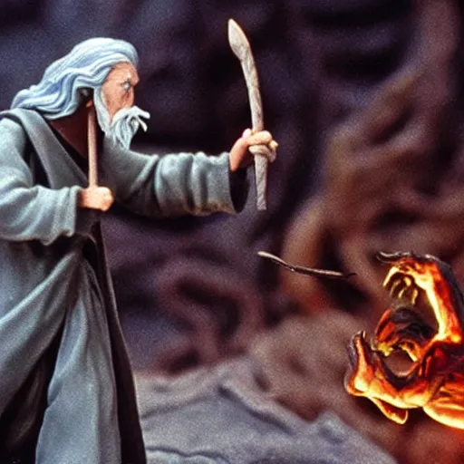 Image similar to a film still of gandalf fighting a balrog, claymation